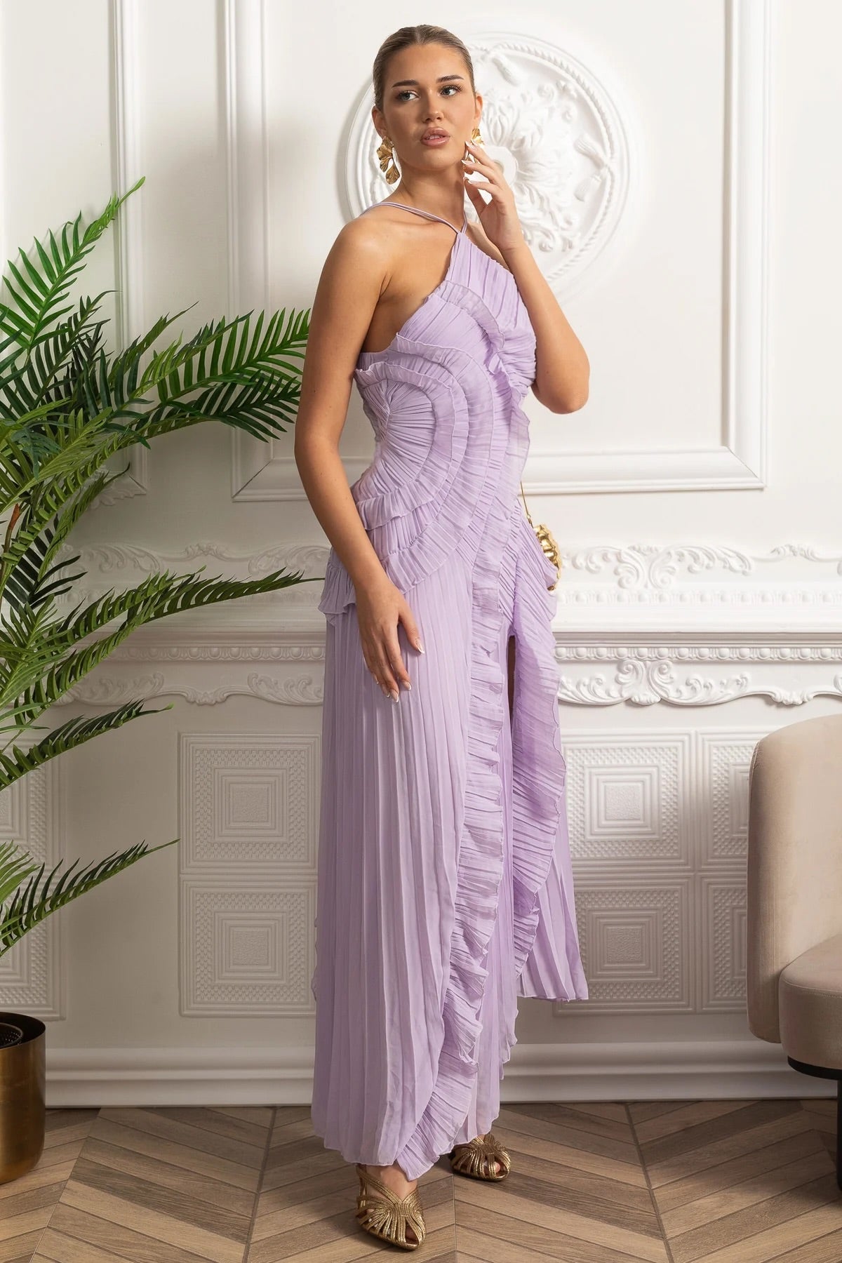 Elegant Pleated Halter Midi Dress