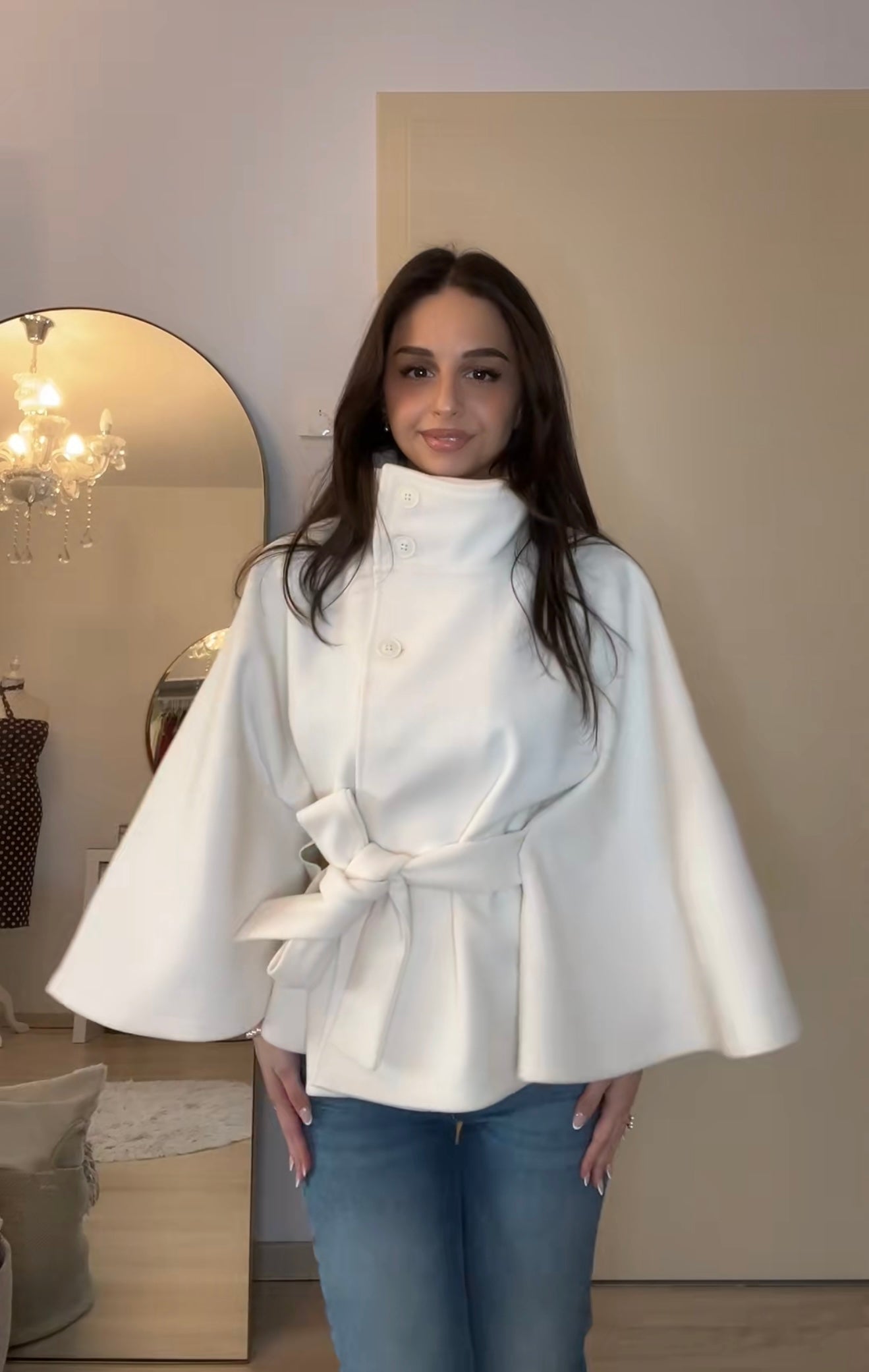 Chloe High-Neck Belted Cape Jacket