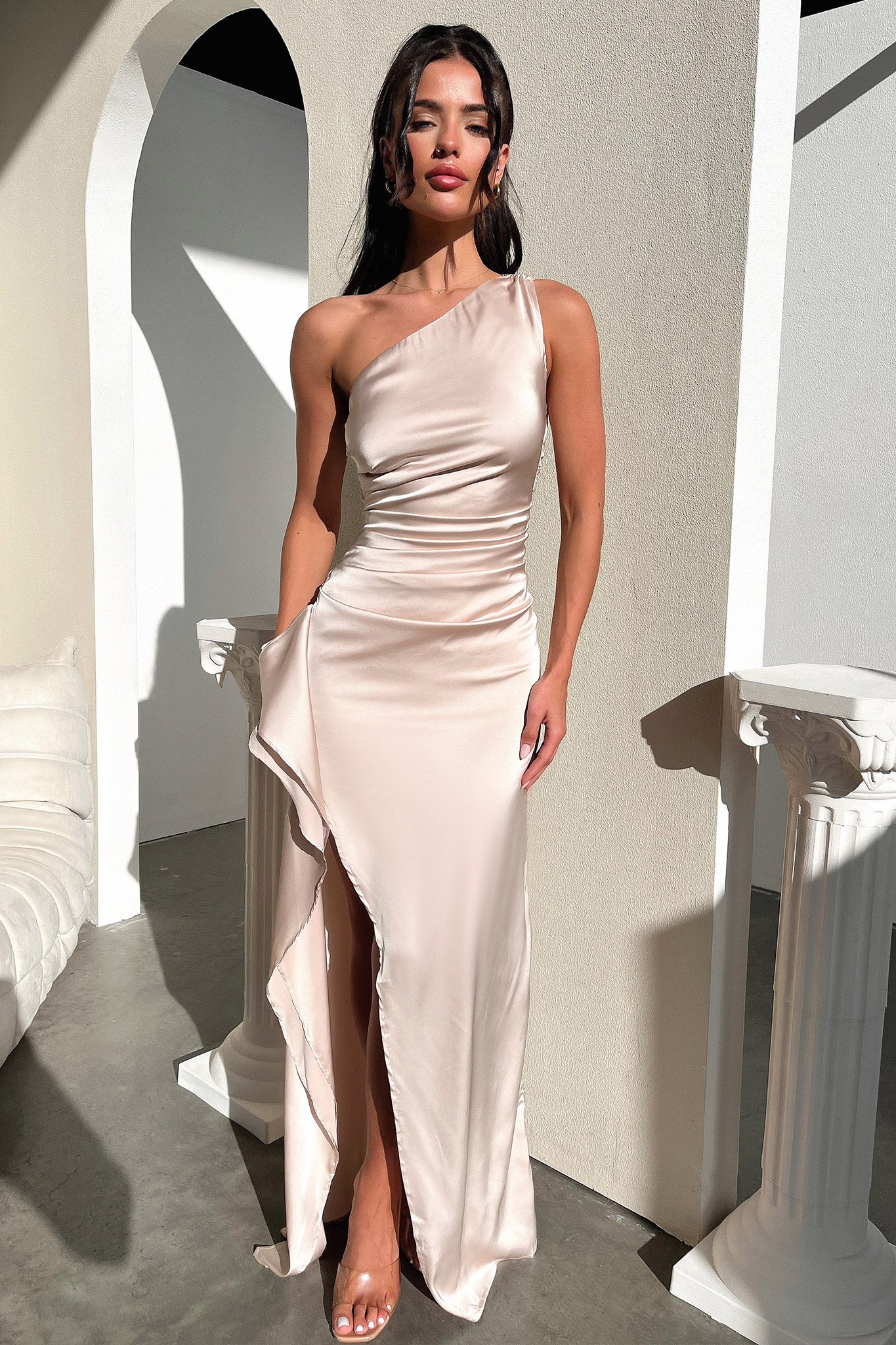 Evalyn One-Shoulder Satin Slit Gown