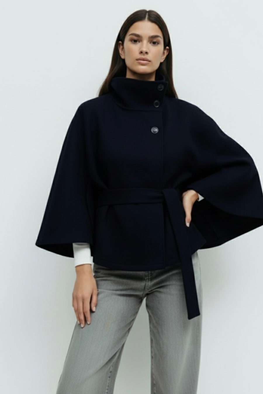 Chloe High-Neck Belted Cape Jacket