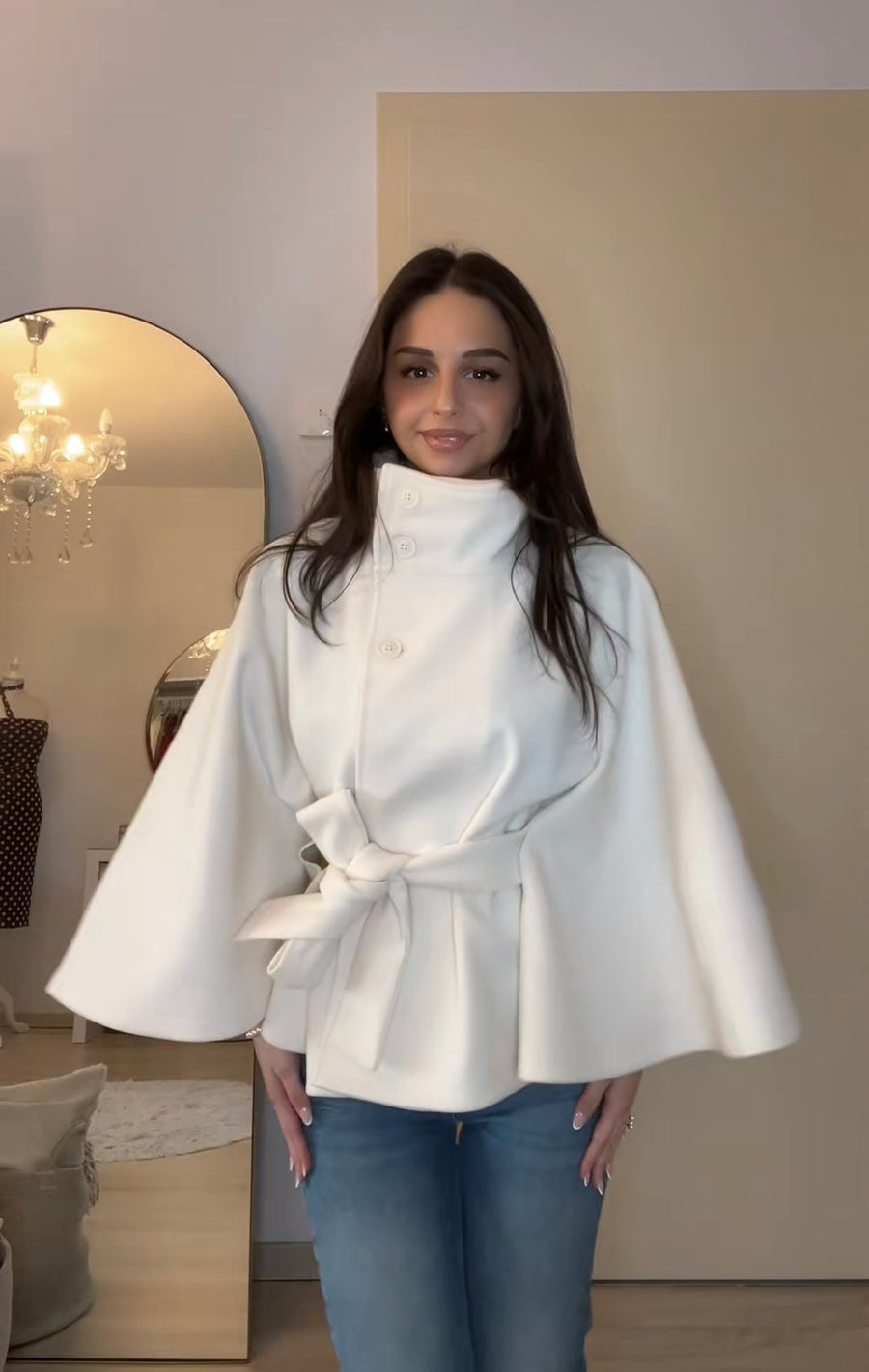 Chloe High-Neck Belted Cape Jacket
