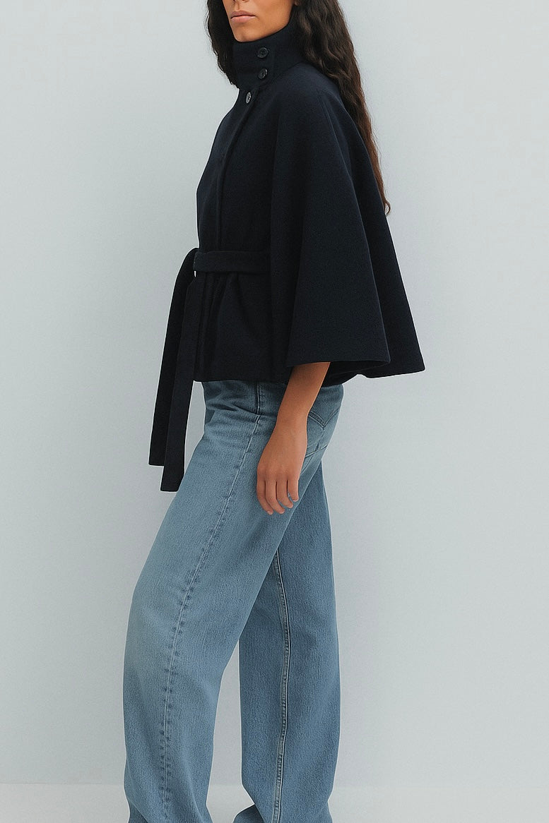 Chloe High-Neck Belted Cape Jacket