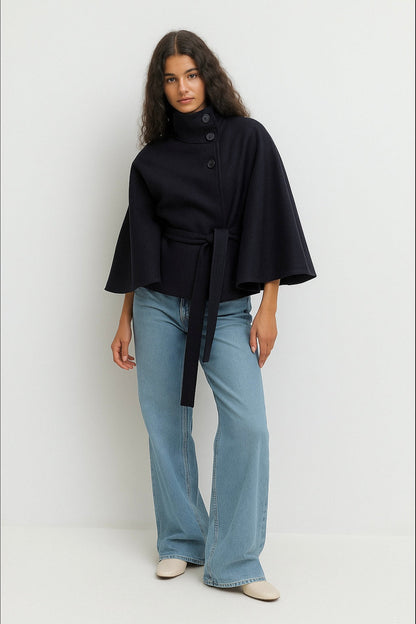 Chloe High-Neck Belted Cape Jacket