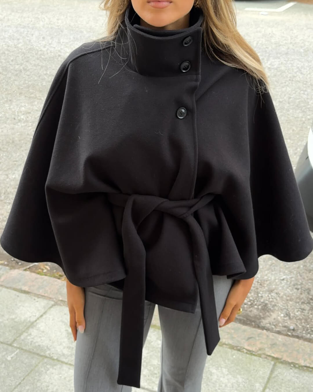 Chloe High-Neck Belted Cape Jacket