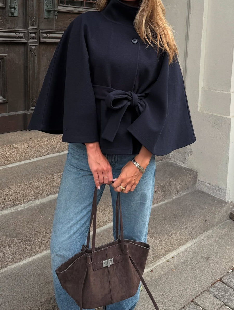 Chloe High-Neck Belted Cape Jacket