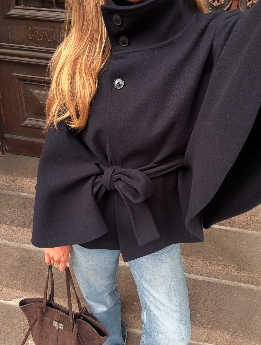 Chloe High-Neck Belted Cape Jacket