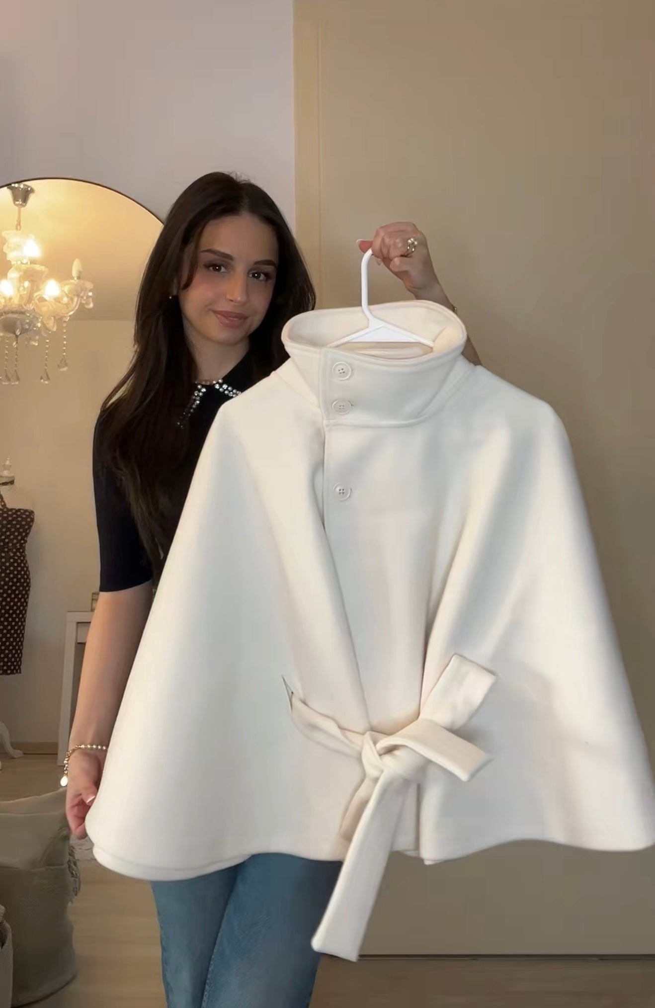 Chloe High-Neck Belted Cape Jacket