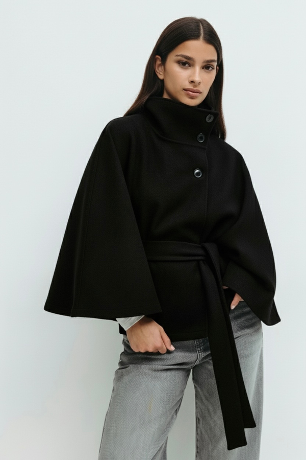 Chloe High-Neck Belted Cape Jacket