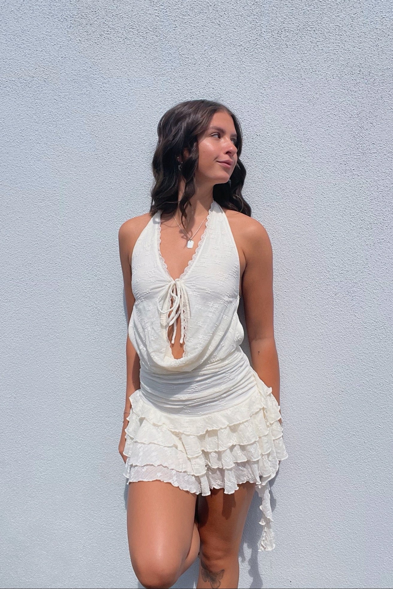 Floral Lace Ruffle Open Back