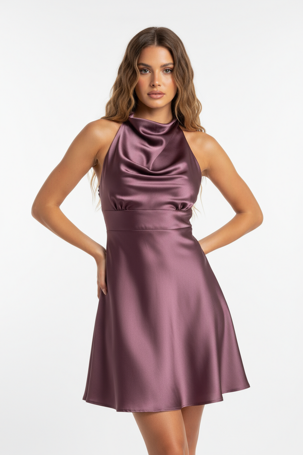 Woman wearing a purple satin dress on a white background