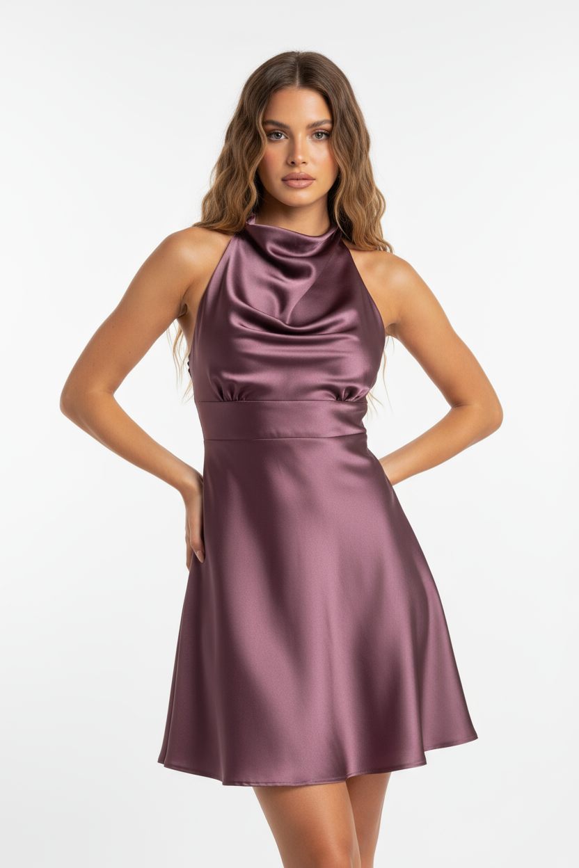 Woman wearing a purple satin dress on a white background