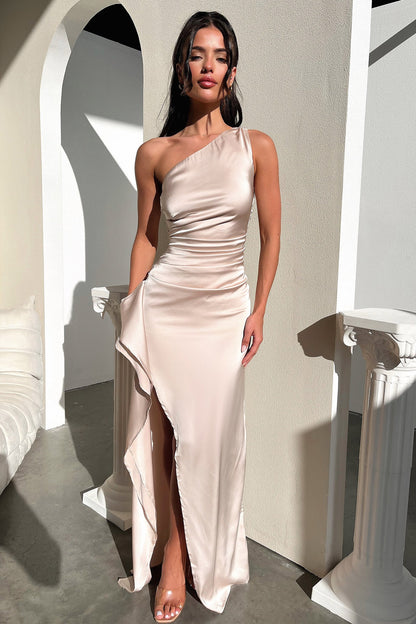 Evalyn One-Shoulder Satin Slit Gown