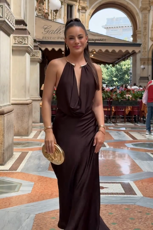 Woman in a brown dress standing in an elegant indoor setting with decorative columns and a large window.